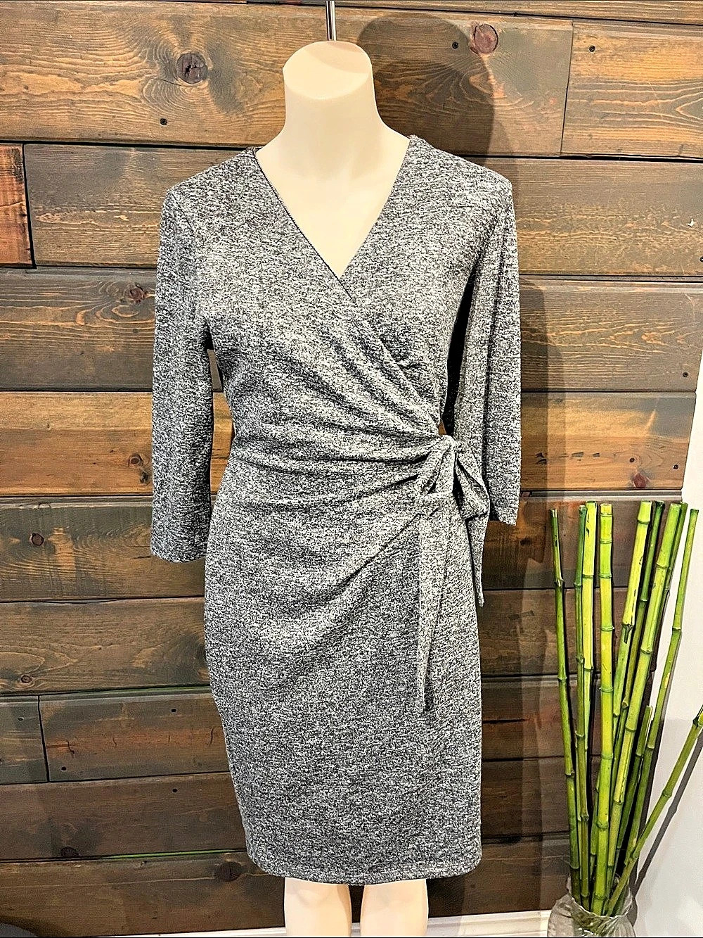 Le Château Ruched Midi Dress in Gray & Black Size Medium Like New wrap dress